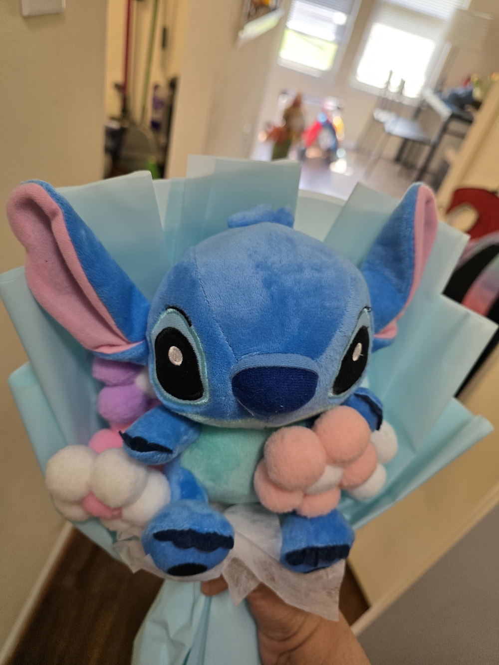 Disney Blue Stitch Plush Bouquet with Pink & White Pom Accents
